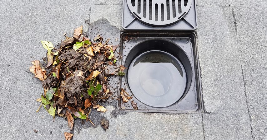 Storm drain with grate removed showing debris and leaves cleaned out beside opening