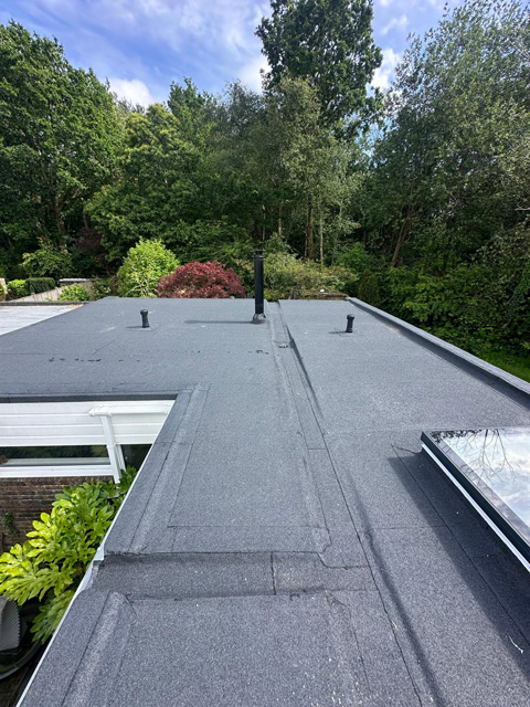 Modern flat roof with grey membrane, skylights and black posts overlooking landscaped garden with trees and shrubs.